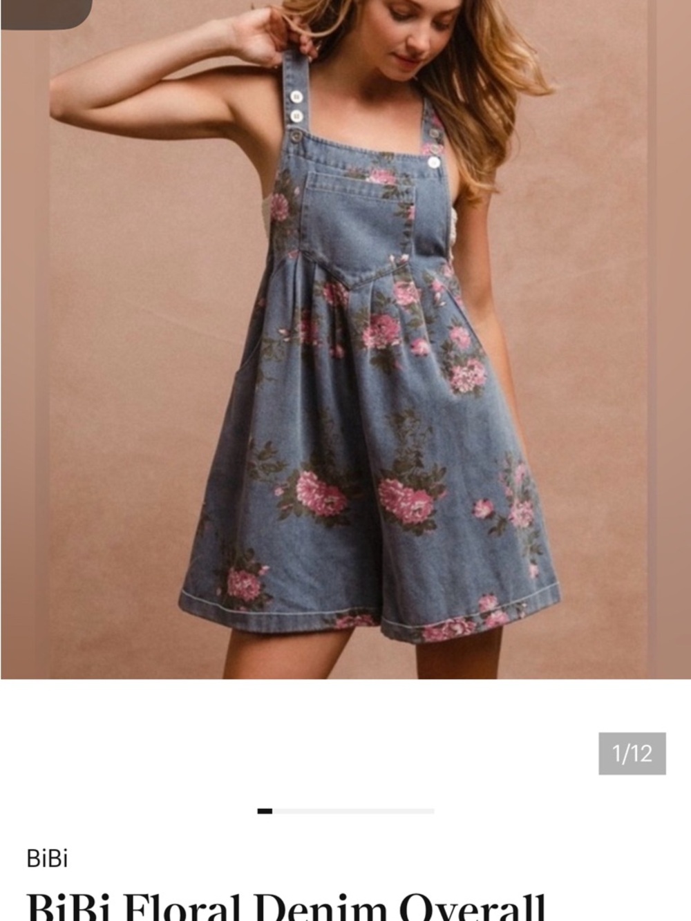 BiBi Blue Denim Floral Overall Romper with Pink Roses - Picture 2 of 2